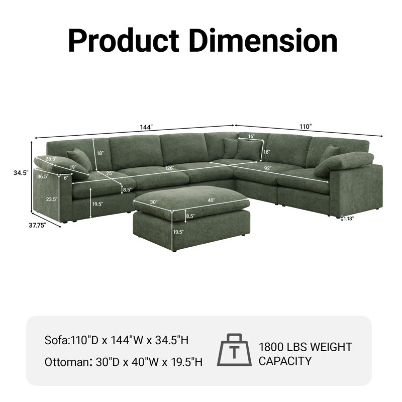 Canapé modulaire en coin surdimensionné 144 pièces 144 po Chenille, Chenille verte