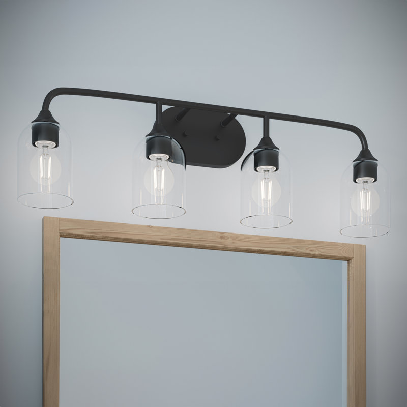 Meuble-lavabo noir mat 4 lumières avec abat-jour en verre transparent Ilia, Noir mat, 4