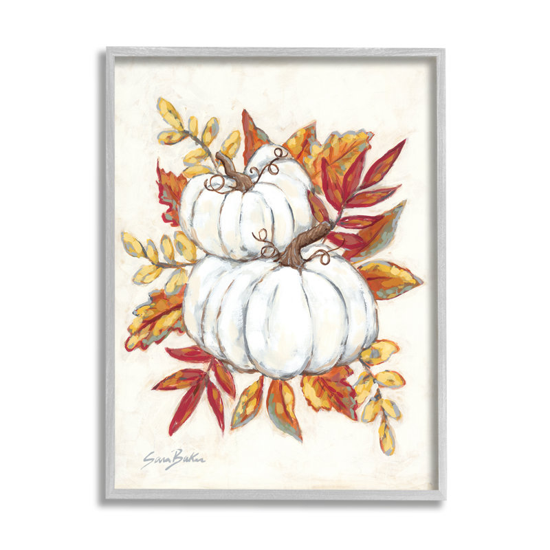 Citrouilles blanches empilées et feuilles d'automne rouges et orange par Sarah Baker - Peinture, H 20 po x l 16 po
