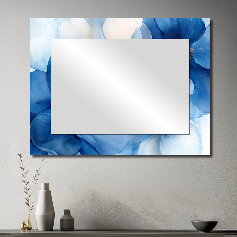 Bleu et blanc, cornouiller délicat, pétales de fleurs II - miroir floral pour décoration murale - imprimé sur métal