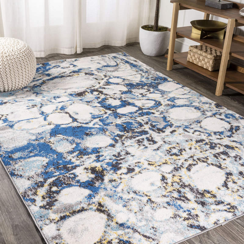 Strausstown Marbled Abstract Dark Gray/Blue Rug, Rectangle 5'3" x 7'6"