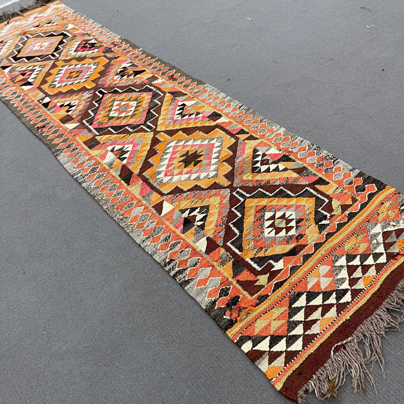 Tapis de couloir vintage turc Herki Kilim en tissage à plat orange