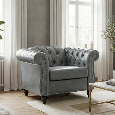 Classic Chesterfield PU Leather Sofa with Tufted Back, Rolled Arms & Nailhead Trim