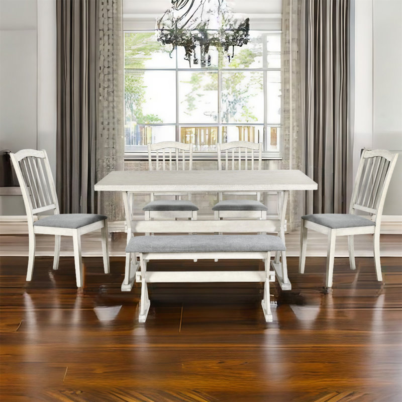 5 - Person Trestle Dining Set, White Washed, White Washed, White Washed