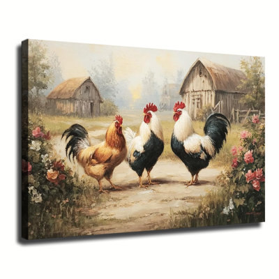 «Three Roosters In Vintage Farm Barn Scène de campagne», reproduction d'art sur toile tendue avec grande galerie pour le salon, la chambre à coucher