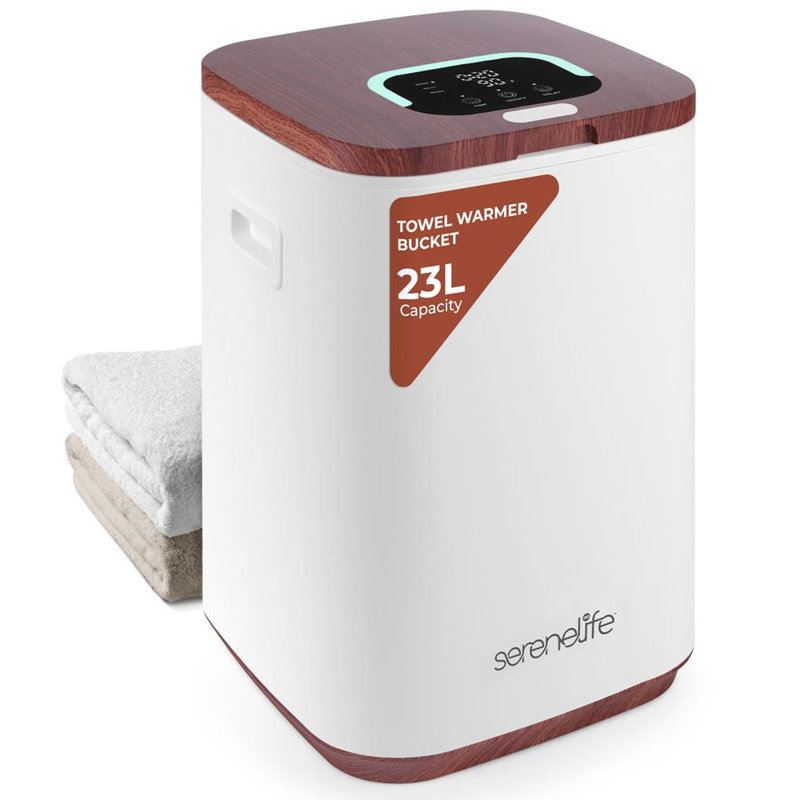 Serenelife Towel Warmer - 23L Capacity Bucket With Timer Function, Fits Up To Two Oversized Towels For Bathroom, Wood, Brown