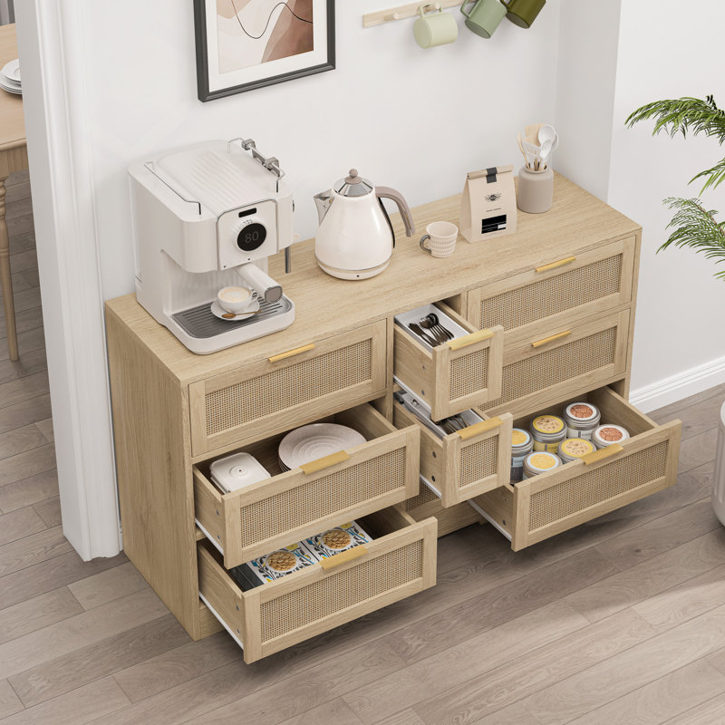 Casier en rotin 51,2 "avec tiroirs, 9 tiroirs, poignées en métal pour la cuisine, le salon, la chambre à coucher, Naturel