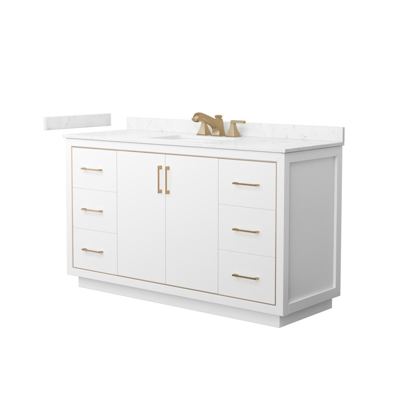 Icon 60" Freestanding Single Bathroom Vanity with Cultured Marble Top, White, Satin Bronze