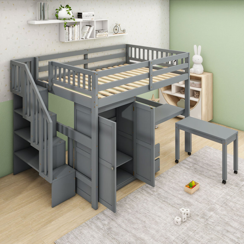 Lit mezzanine 2 tiroirs avec escalier de rangement, bureau, tablettes et garde-robe, Gris, Double