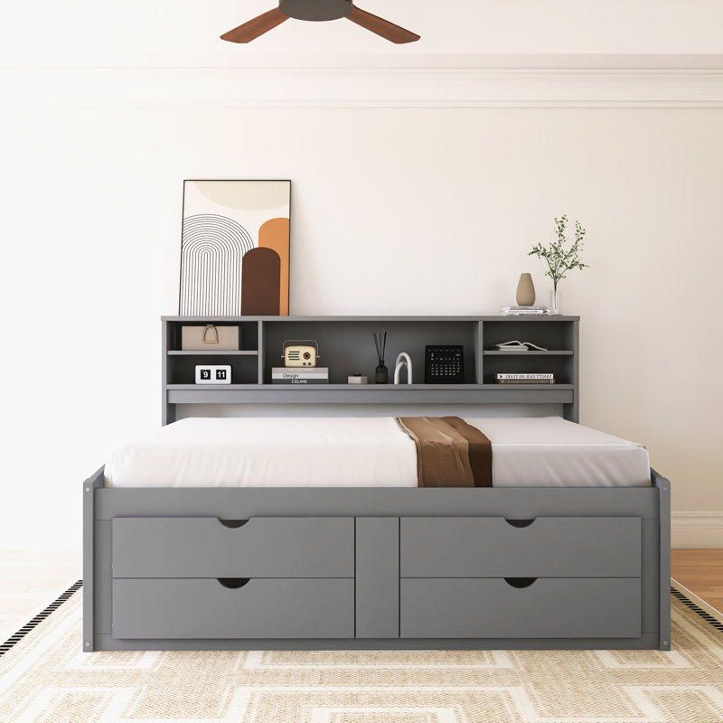 Lit de jour en bois double avec 4 tiroirs, gris