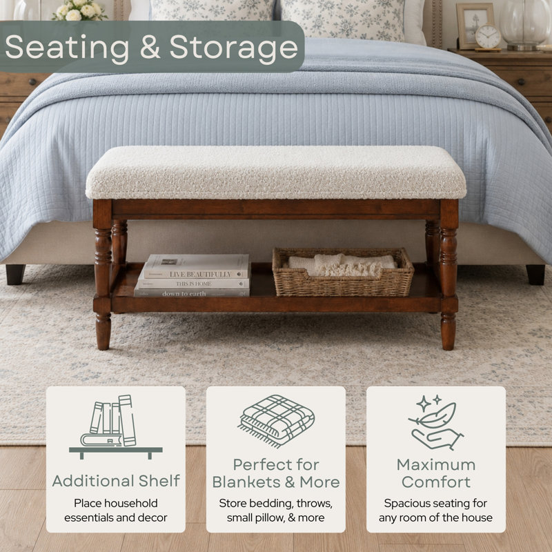 Mayall No Tools Upholstered Entryway Seating Bench with Shelf, Boucle Oatmeal/Espresso