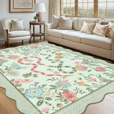 Tapis festonné à motif floral moderne vert - lavable à la machine, antidérapant, à poils courts - imprimé serpent botanique - idéal pour le salon, la chambre à coucher, la salle à manger, la salle de jeux, le dortoir - 9 x 12 pi, fabriqué aux États-Unis