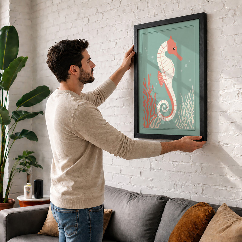 Graceful Seahorse Coastal - Framed Print, Walnut, A3 - 42.0 x 29.7 cm