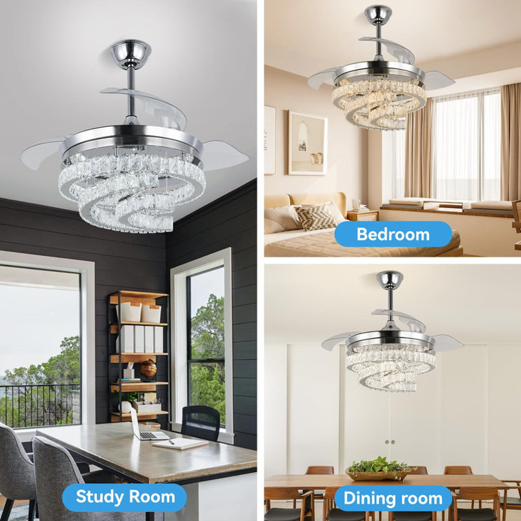 42'' Dimmable Ceiling Fan With Light And Remote Crystal Modern Chandelier Fan Retractable Fandelier With Memory, Silent Motor, 6 Speed, 3 Colour Change, Timer Function(Gold)