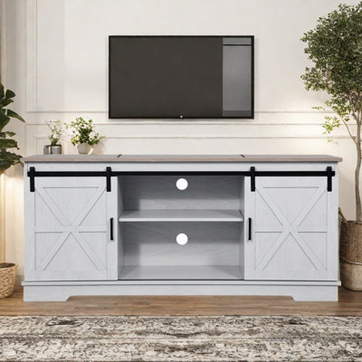 80In Wooden Farmhouse Entertainment Center For 85 Inch Tv,Double Layer Storage Farmhouse Tv Stand,Double-Row Sockets With Wood Sliding Barn Door Tv Stand