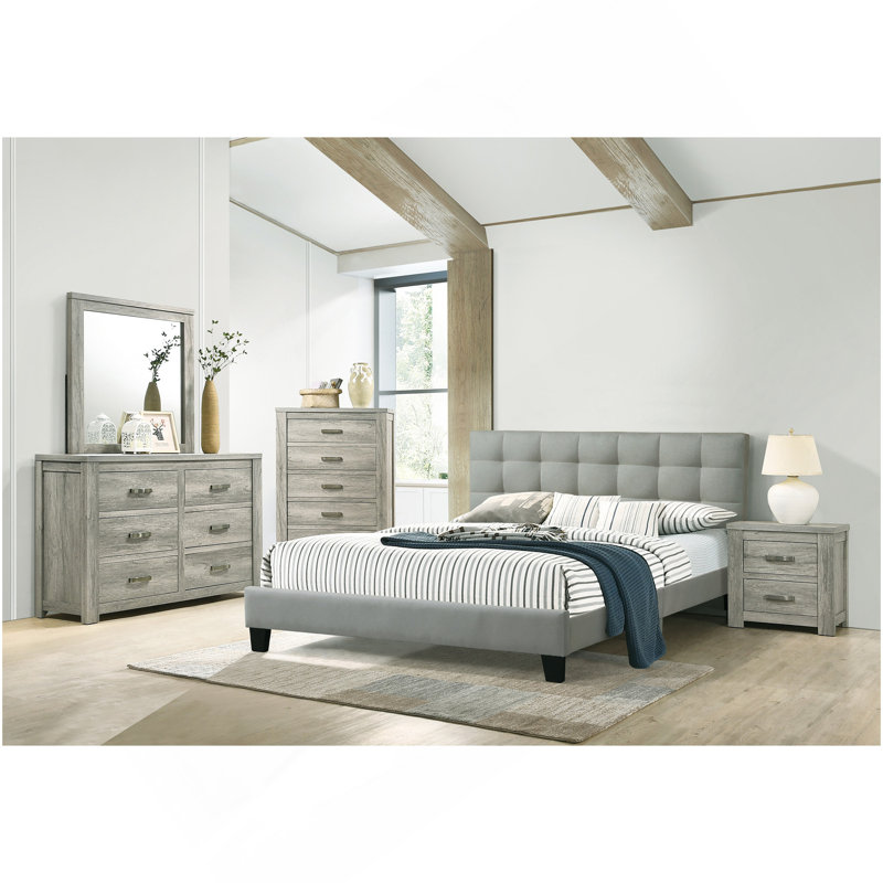 Très grand lit gris avec tête de lit et panneau de particules revêtu de polyfibre, Grey, Très grand lit