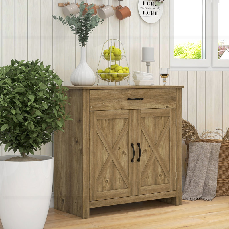 Cloquet 31.5" Farmhouse Barn Door Sideboard Buffet Storage Cabinet Coffee Bar, Natural Wood