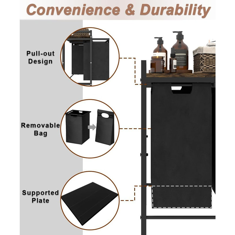 3 Section Laundry Hamper With 3 Pull-out Removable Bags, Large Freestanding Clothes Sorter Basket Organizer For Laundry, Clothing And Toy Storage In Bathroom And Living Room, Rustic Brown And Black