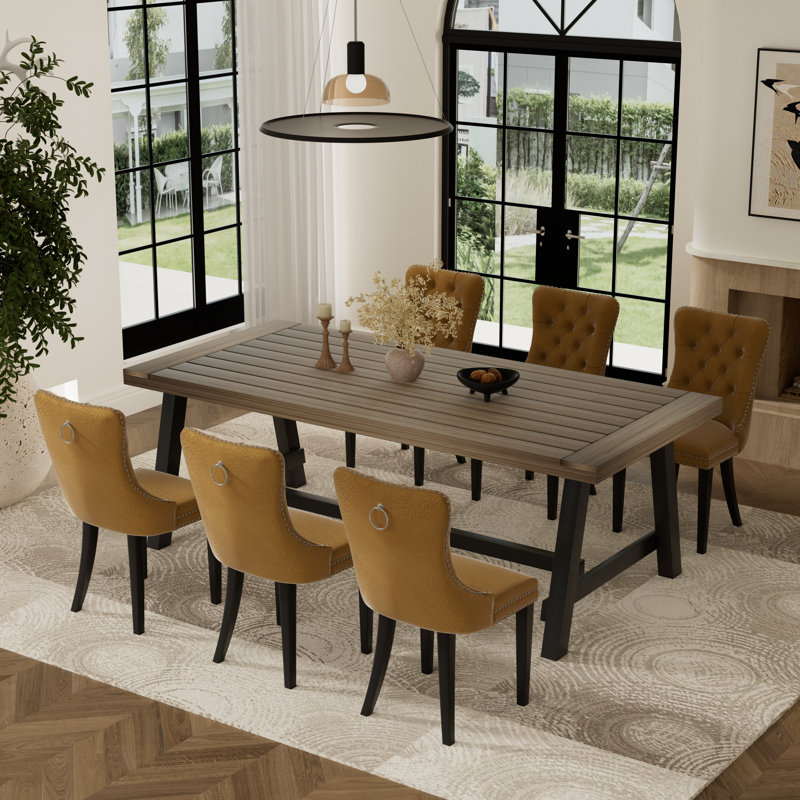 7 Pieces Modern Farmhouse Rectangle Dining Set with Mid-century High-end Tufted Dining Chair Set for 6, Dark Gray, Yellow