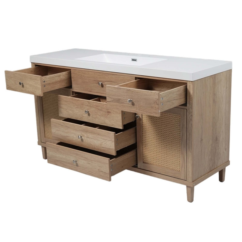 Meuble-lavabo moderne de 60 pouces avec lavabo SMC, tiroirs à fermeture en douceur et armoires en rotin pour un rangement élégant