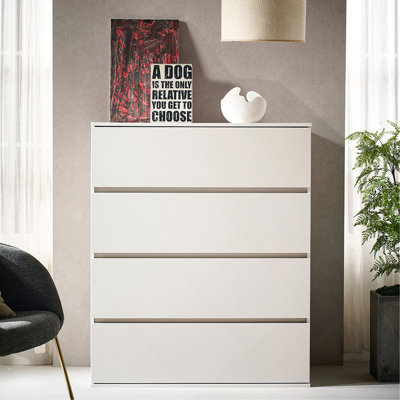 Commode contemporaine blanche à 4 tiroirs en bois avec fermeture amortie et extension complète