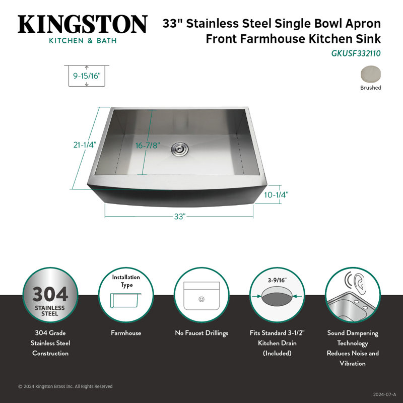 Kingston Brass Uptowne 33-Inch Stainless Steel Apron-Front Single Bowl Farmhouse Kitchen Sink