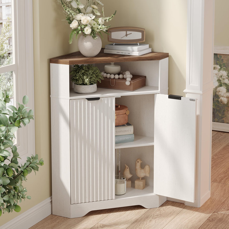 Armoire de coin de salle de bain avec rangement ouvert et tablette réglable, Blanc