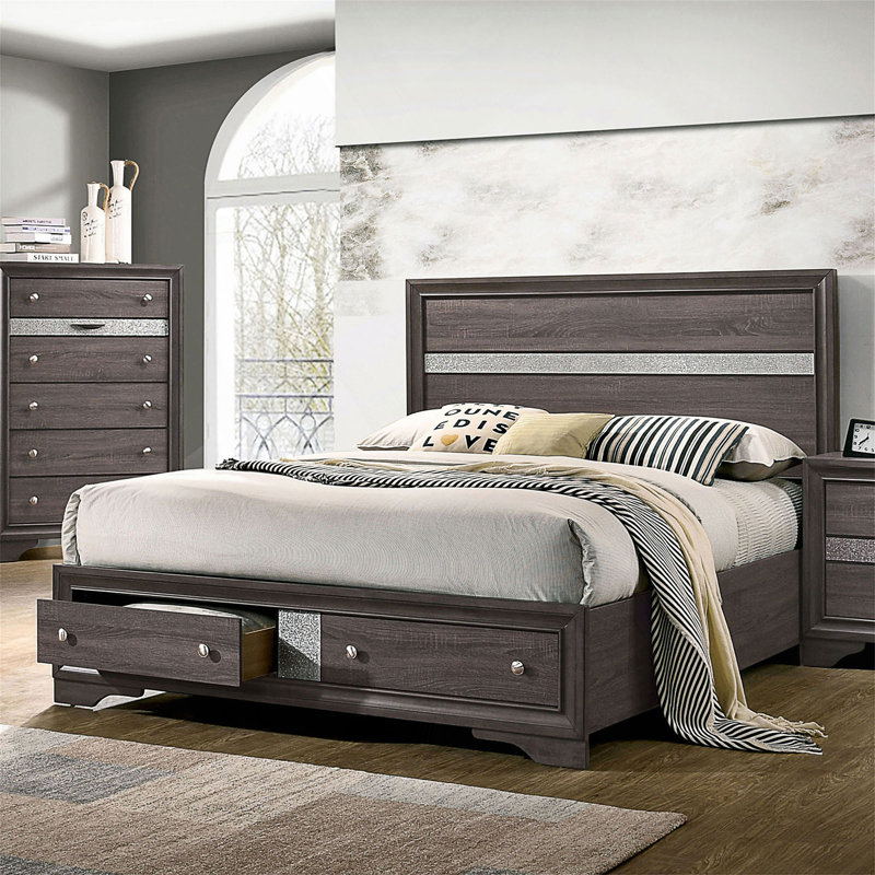 Lit plateforme avec rangement Lininger, Gris, Grand