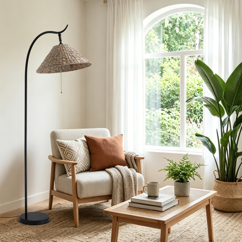 Cleves Cerelia 63.8" Arched Rattan Floor Lamp With Pull Chain, Handwoven Standing Light For Living Room Bedroom