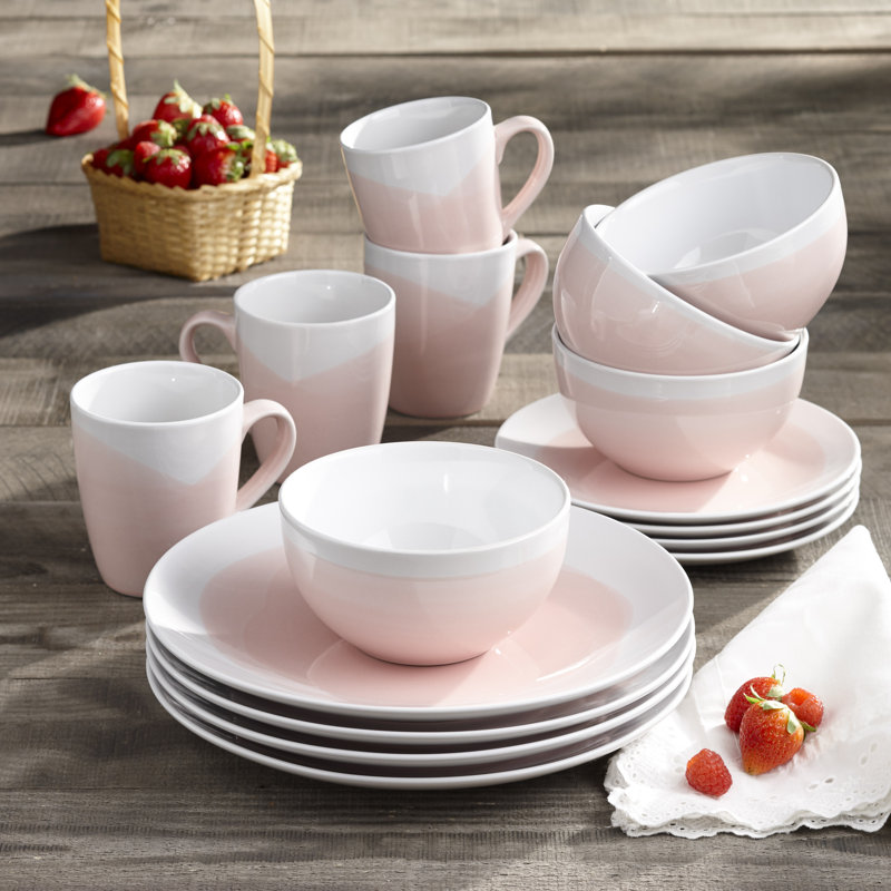 Bayford 16 Piece Dinnerware Set - Service for 4, Pink/White