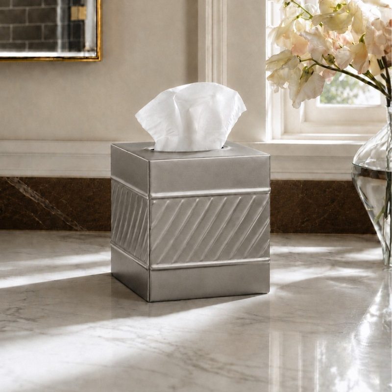 Wave Embossed Metal Tissue Box Cover, Silver