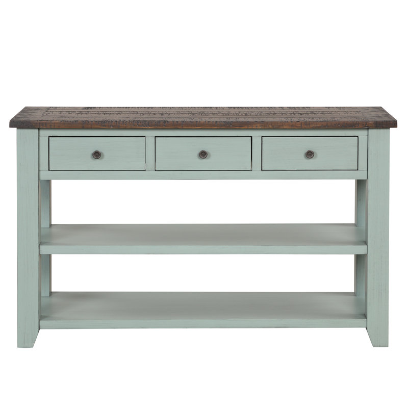 Console moderne 48 po, plateau en bois de pin massif, 3 tiroirs et 2 tablettes ouvertes, bleu et brun rétro, facile à assembler