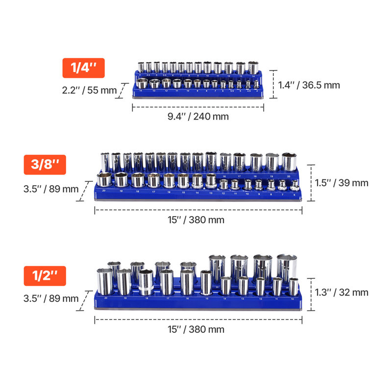 Magnetic Socket Organizer Set 3PCS Magnetic Socket Trays Blue for Metric