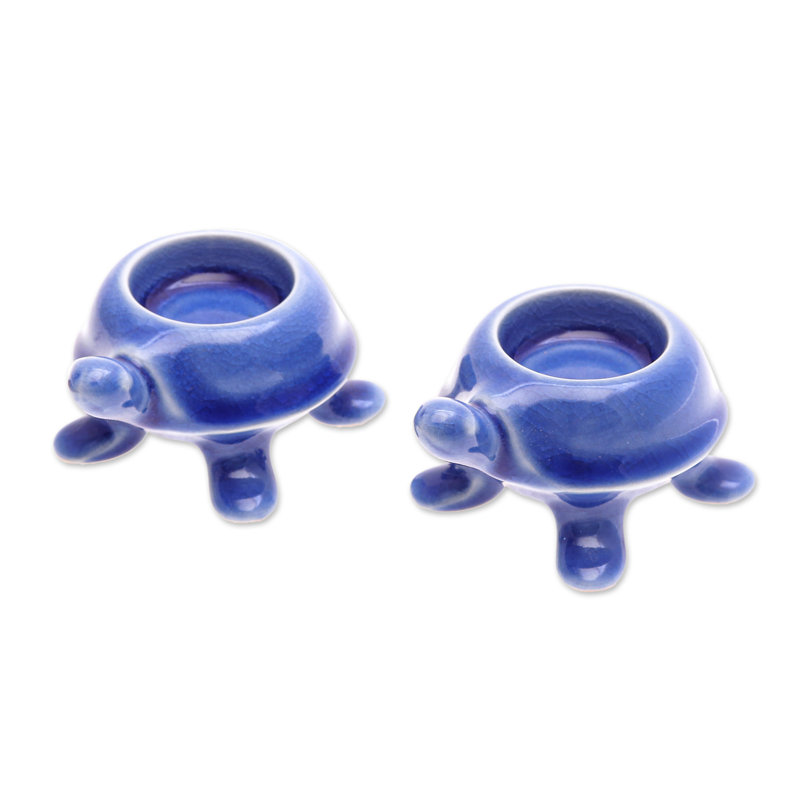 Dovecove Handmade Blue Guide Ceramic Tealight Candleholders (Pair)