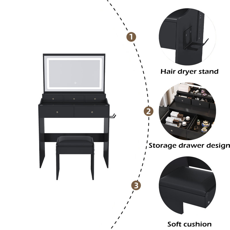 Nouveau grand bureau de meuble-lavabo à miroir pour chambre à coucher, ensemble de meuble-lavabo moderne avec prise de courant et support pour sèche-cheveux, 5 tiroirs