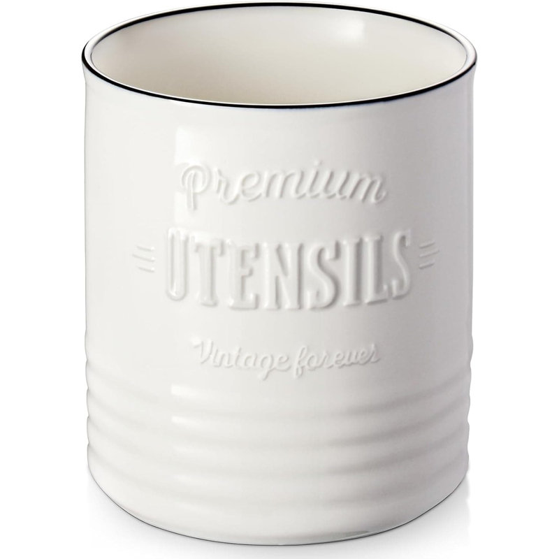 7.2″ Extra Large Ceramic Utensil Holder (White, Cork Mat)