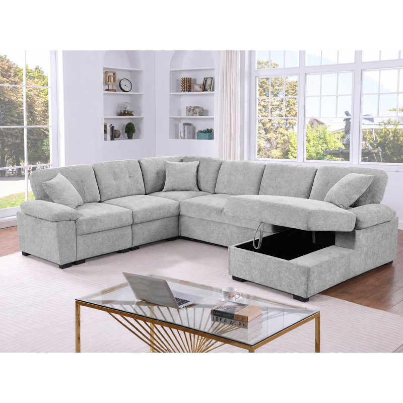 Upholstered 117.5 " Chenille U-Shaped Sofa Bed, Chenille gris pâle