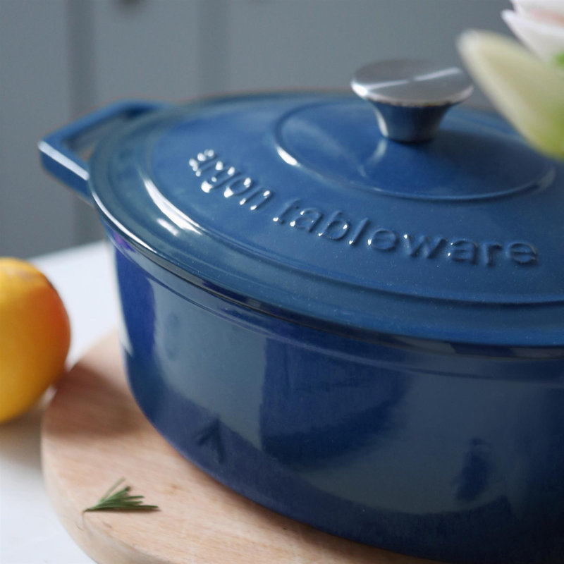 Argon Tableware - Oval Cast Iron Casserole Dishes - 4.68L - Pack of 2, Blue