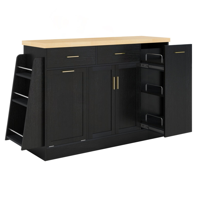 Multi-Functional Storage Sideboard with Trash Can Storage, Sliding Door Cabinet & 3-Tier Spice Rack (Black), Black