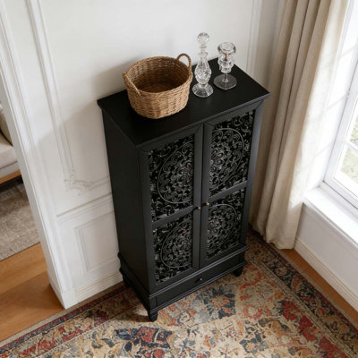 Rustic Storage Cabinet Drawer Carved Wood Accent Solid Wood Legs