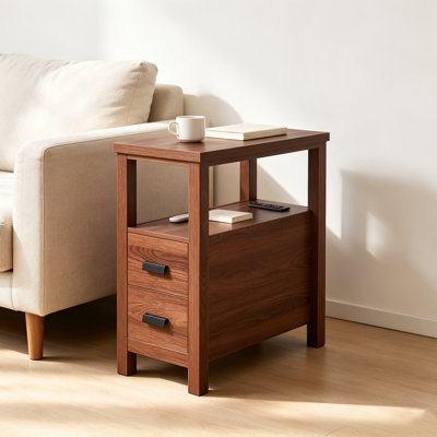 Table de bout en bois rustique moderne avec station de charge, table de chevet à 2 tiroirs avec ports USB et prises de courant pour la chambre