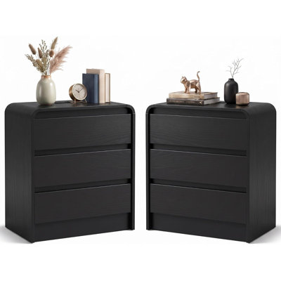 Table de chevet incurvée moderne à 3 tiroirs avec tablette ouverte et gestion des câbles – Table de chevet en bois à bords arrondis pour chambre à coucher, fini noir (23,6 po L, paquet de 2)