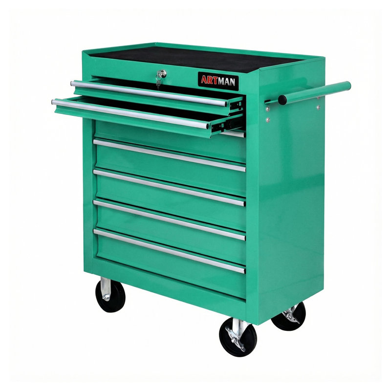 Chariot à outils à roulettes 7 tiroirs avec roulettes - Armoire à outils verrouillable en métal vert avec tiroirs à billes pour l'organisation du garage
