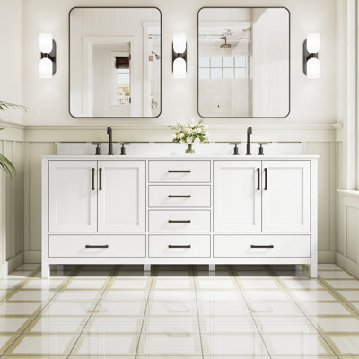 Meuble-lavabo autoportant en bois massif l 80 po x H 35 po avec comptoir en marbre de culture blanc de Carrare et double lavabo en céramique, blanc