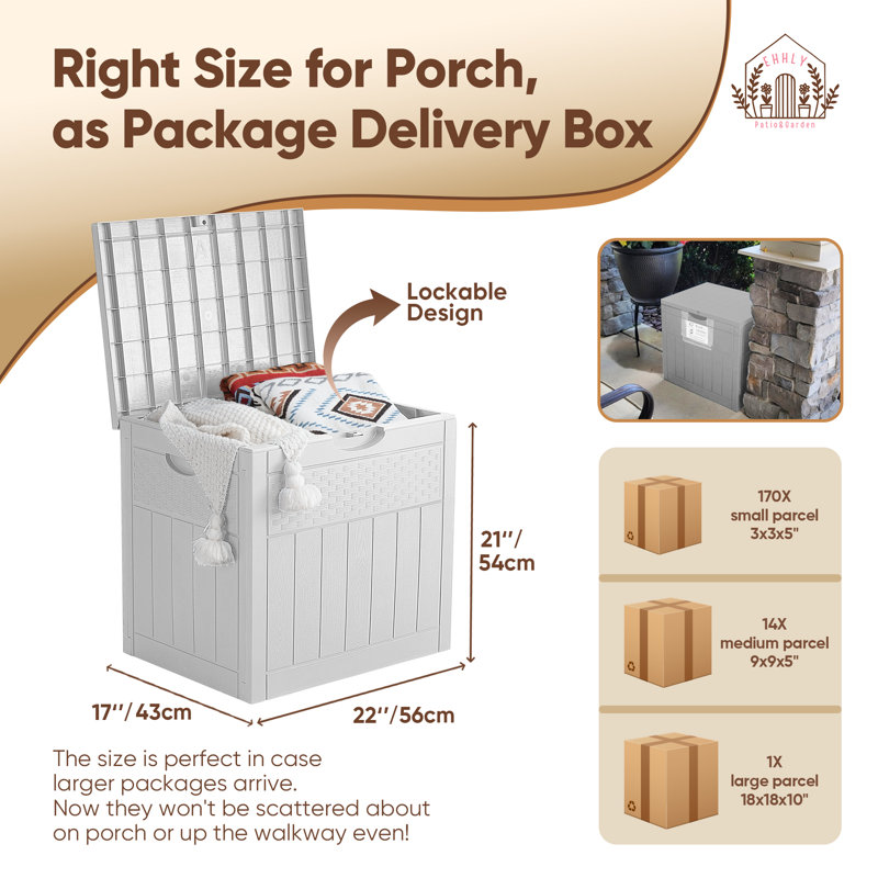EHHLY 33 Gallon Deck Box, Small Outdoor Storage Box Waterproof, Lockable Secure Package Bin Delivery Box for Outside Front Porch, Delivery Driver Snack Box for Porch