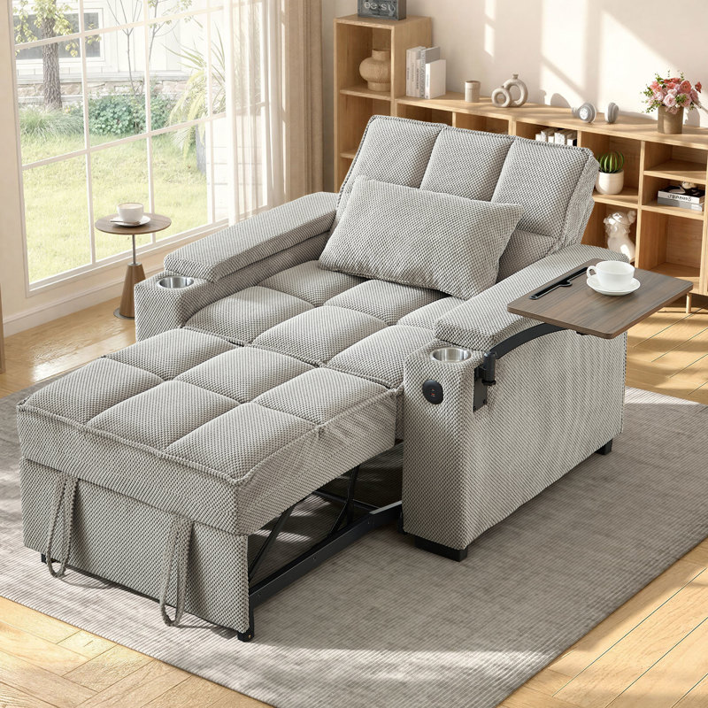 Chaise longue convertible simple avec USB et Type-C, 2 porte-gobelets, table d'appoint, rangement sous le siège et accoudoirs de rangement
