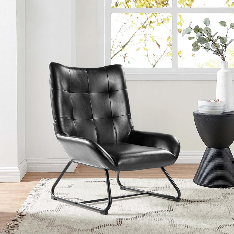 Mid-Century Modern Black Leatherette Wingback Accent Chair With Metal Legs