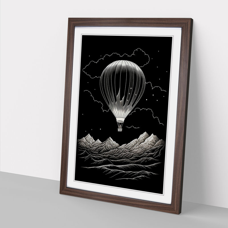Hot Air Balloon Line - Single Picture Frame Print on Wood, 34cm H x 25cm W x 2cm D, Walnut Framed