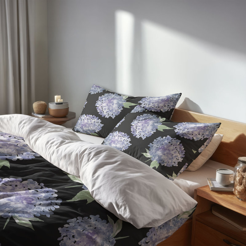 Ensemble d'édredon léger Hydrangea Love, Édredon simple + 2 taies d'oreiller standard, Gris anthracite