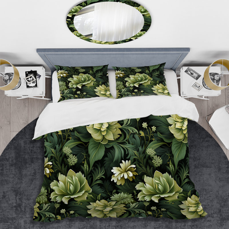 Ensemble de housse de couette Tropical Green Jungle Damask IV, Housse de couette simple + 1 taie décorative stan